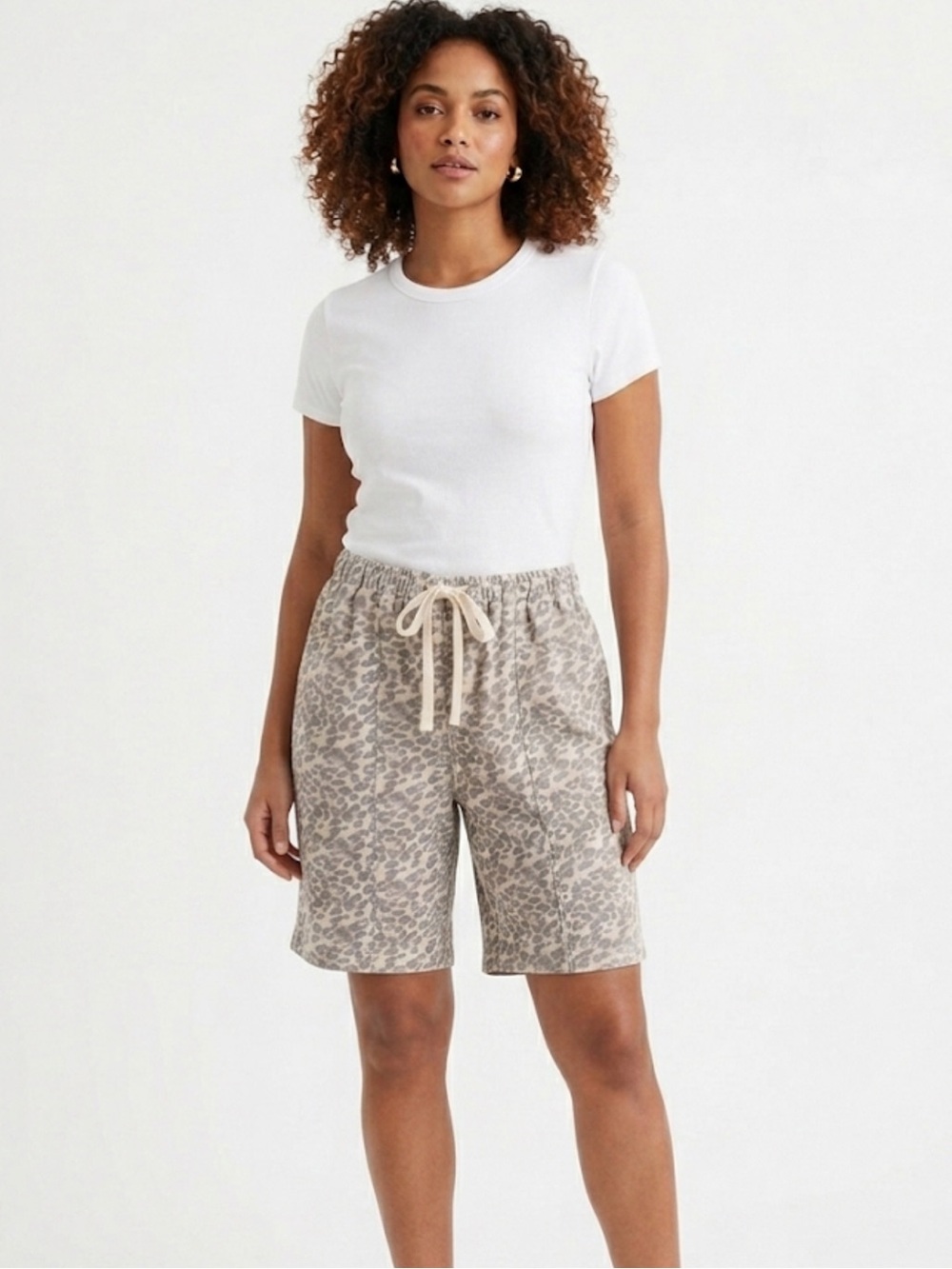 Aerie Gray Leopard Print High-Waist Bermuda Shorts Cotton Lyocell Blend Size L